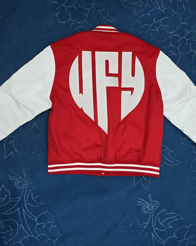 Red and white varsity jacket with a WFY chest logo, custom outerwear, Wears For You, Sialkot Pakistan