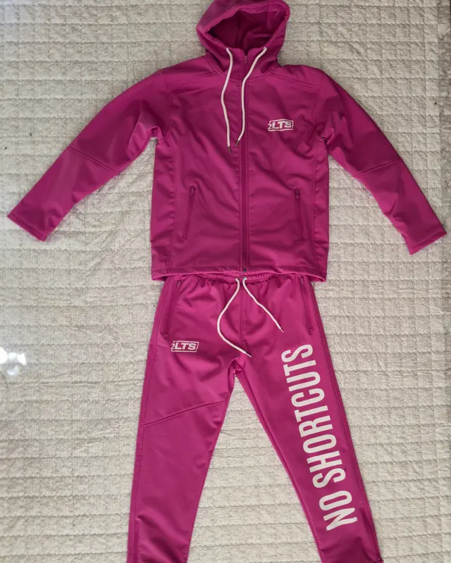 Magenta zip hoodie and jogger set with a NO SHORTCUTS leg print, Wears For You, Sialkot Pakistan