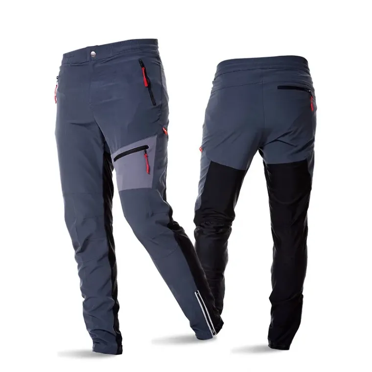Grey and navy MTB trousers with reinforced knee panels, custom cycling trousers, Wears For You, Sialkot Pakistan