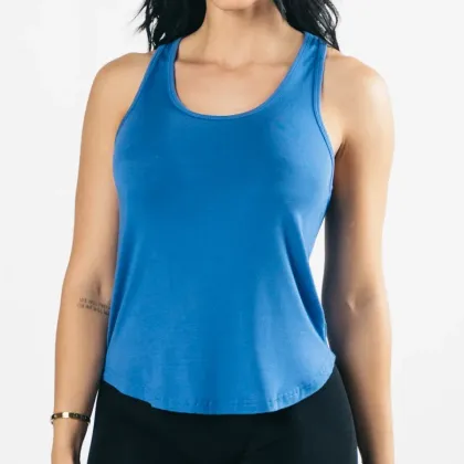 Blue women's racerback gym tank top worn by a model, custom women's gym tank tops, Wears For You, Sialkot Pakistan