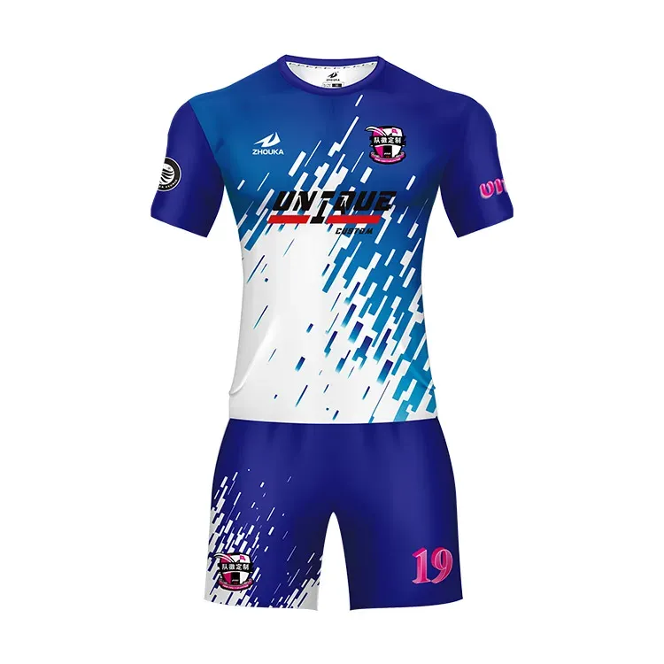 Blue and white sublimated soccer jersey and shorts with a graphic fade, custom soccer uniforms, Wears For You, Sialkot Pakistan