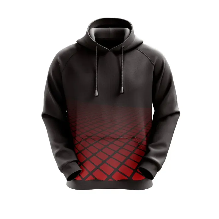 Black hoodie with a red gradient sublimation print across the body, custom hoodie manufacturing, Wears For You, Sialkot Pakistan