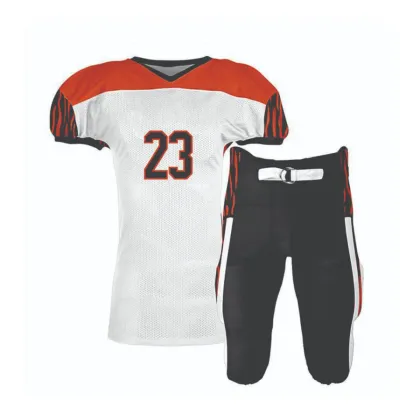 White and red number 23 football jersey with black pants, custom American football uniforms, Wears For You, Sialkot Pakistan