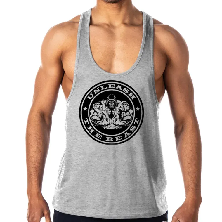 Heather grey gym stringer vest with a circular chest logo, custom gym stringer vests, Wears For You, Sialkot Pakistan