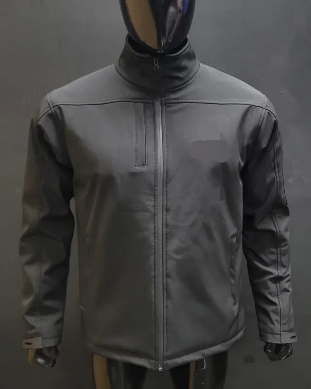 Grey soft-shell zip jacket fitted on a mannequin, custom outerwear, Wears For You, Sialkot Pakistan