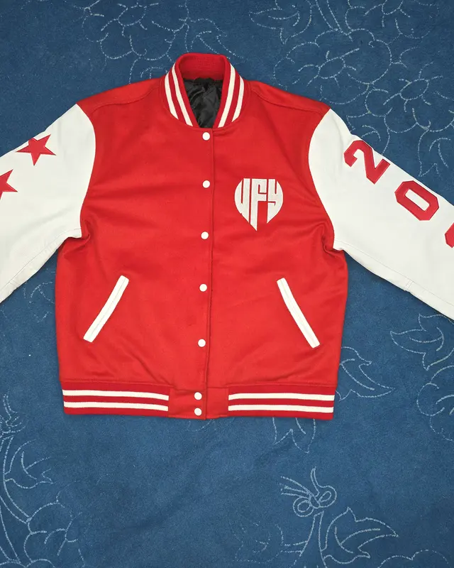 Red and white varsity jacket with star sleeve detail, custom outerwear, Wears For You, Sialkot Pakistan