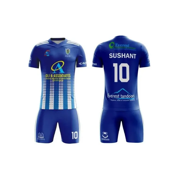 Light blue and navy sublimated soccer kit shown front and back with player name and number, custom soccer uniforms, Wears For You, Sialkot Pakistan