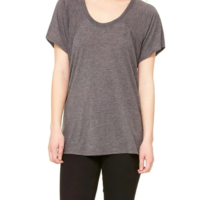 Grey marl scoop neck women's t-shirt worn by a model, custom t-shirt manufacturing, Wears For You, Sialkot Pakistan