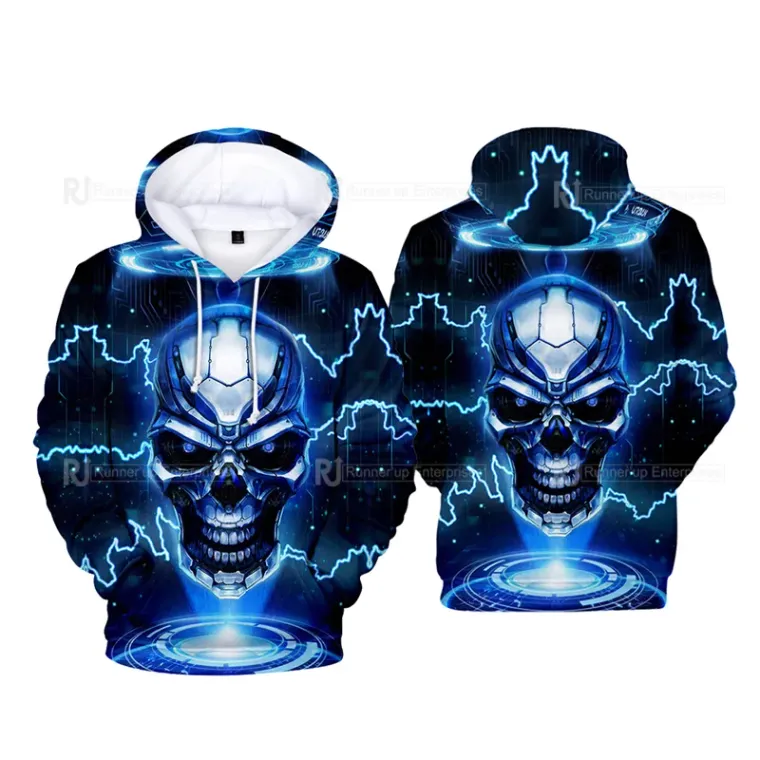 Blue skull all-over-print hoodie shown front and back, sublimated hoodie manufacturing, Wears For You, Sialkot Pakistan