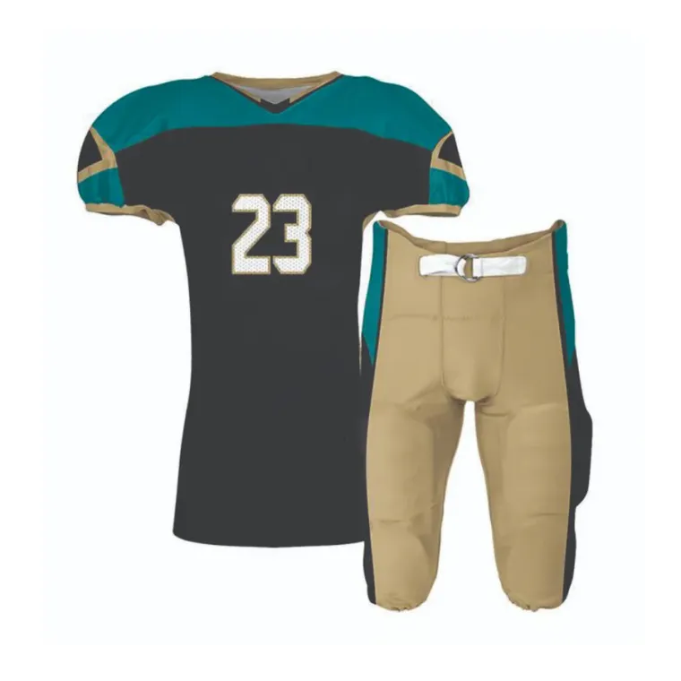 Black and teal football jersey with tan integrated pants, custom American football uniforms, Wears For You, Sialkot Pakistan