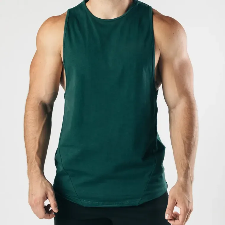 Dark green gym tank top worn by a model, custom gym vest manufacturing, Wears For You, Sialkot Pakistan