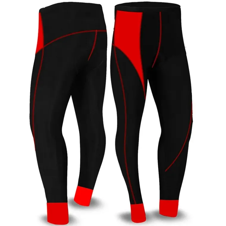 Black and red full-length cycling tights shown front and back, custom cycling shorts and tights, Wears For You, Sialkot Pakistan