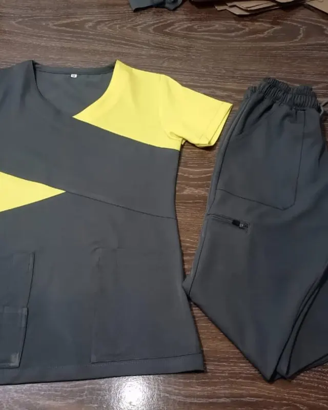 Charcoal scrub top and trousers with yellow chevron panels, custom medical scrubs, Wears For You, Sialkot Pakistan