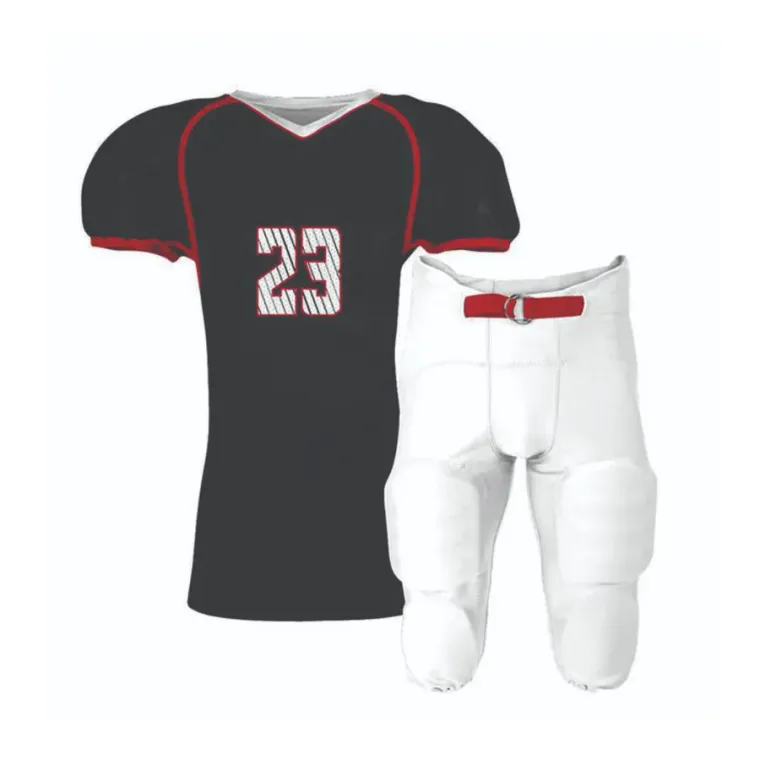Black and red football jersey with white integrated pants, custom American football uniforms, Wears For You, Sialkot Pakistan