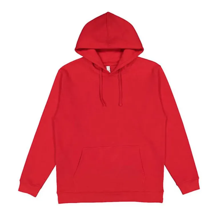 Red pullover hoodie with kangaroo pocket and flat drawcords, custom hoodie manufacturing, Wears For You, Sialkot Pakistan