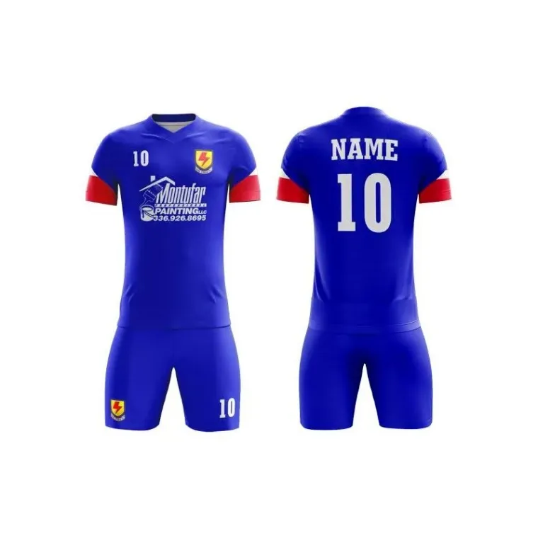Royal blue and red sublimated soccer kit with number 10 on the back, custom soccer uniforms, Wears For You, Sialkot Pakistan