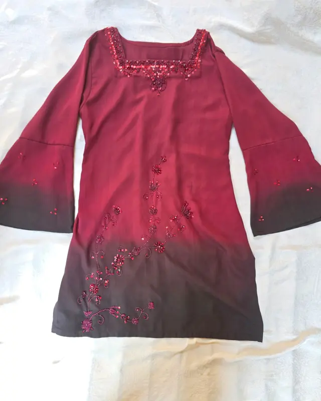 Maroon ombre long-sleeve dress with beaded detail, custom womenswear, Wears For You, Sialkot Pakistan