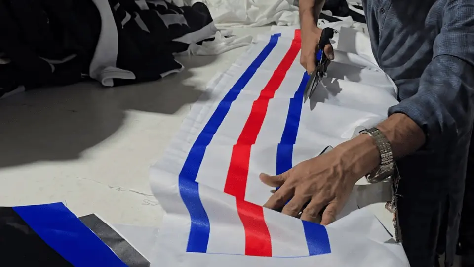 Cutting sublimated satin panels for boxing shorts, garment manufacturing, Wears For You, Sialkot Pakistan