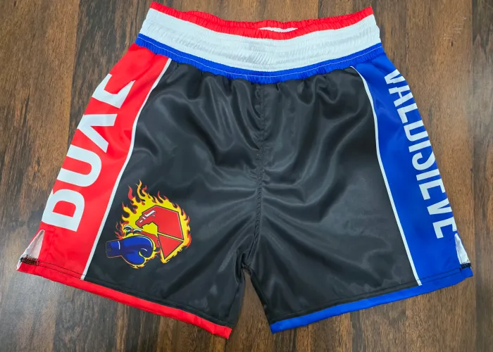 Finished custom satin boxing shorts photo 2, boxing club uniform manufacturing, Wears For You, Sialkot Pakistan