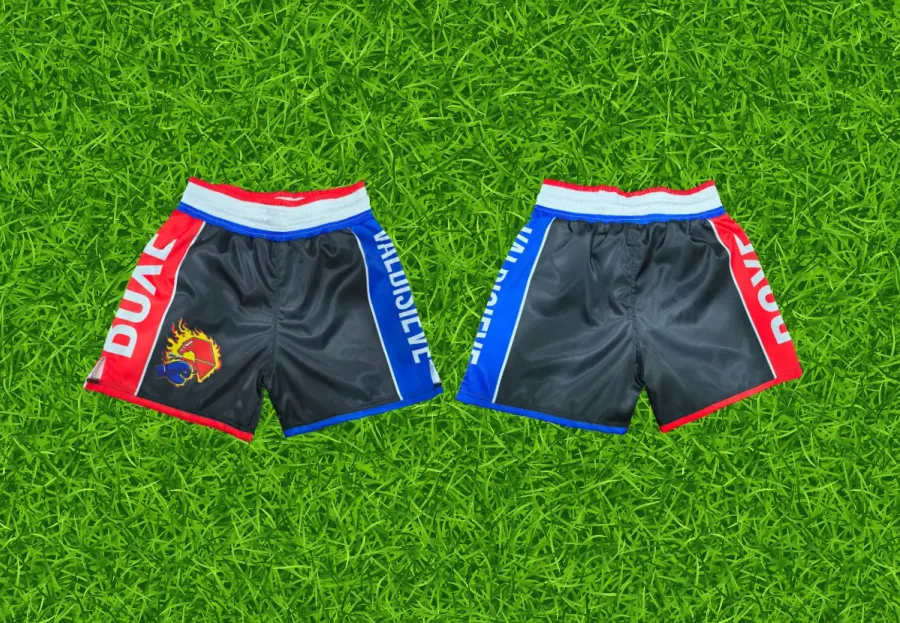 Finished sublimated boxing shorts after production, custom boxing shorts manufacturing, Wears For You, Sialkot Pakistan