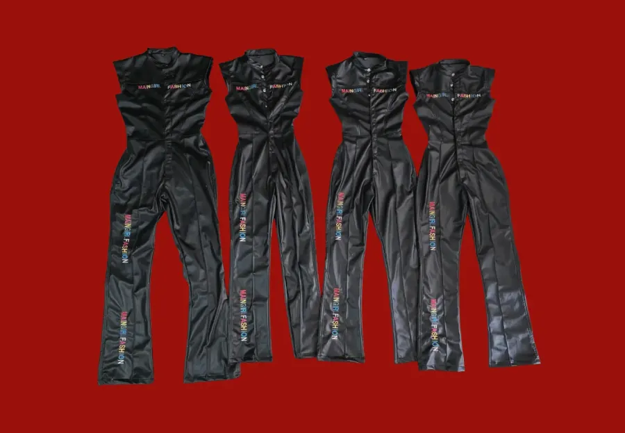Finished custom faux leather jumpsuit with embroidered branding, women's fashion brand manufacturing, Wears For You, Sialkot Pakistan