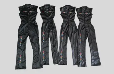 Custom faux leather jumpsuit hero photo, women's fashion brand manufacturing, Wears For You, Sialkot Pakistan