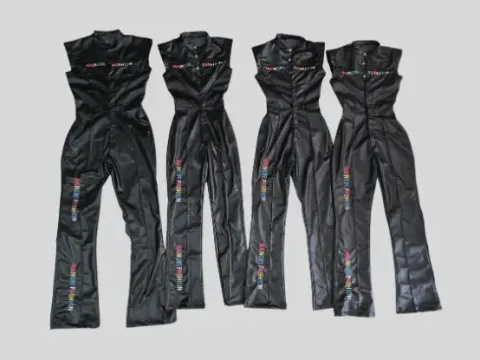 Custom faux leather jumpsuit hero photo, women's fashion brand manufacturing, Wears For You, Sialkot Pakistan
