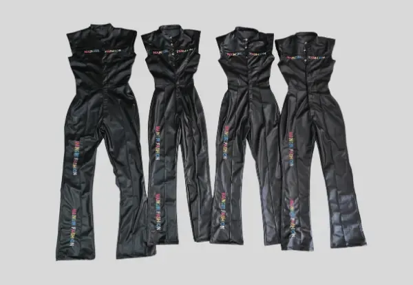 Finished small batch of custom faux leather jumpsuits ready to ship, low MOQ clothing manufacturing, Wears For You, Sialkot Pakistan