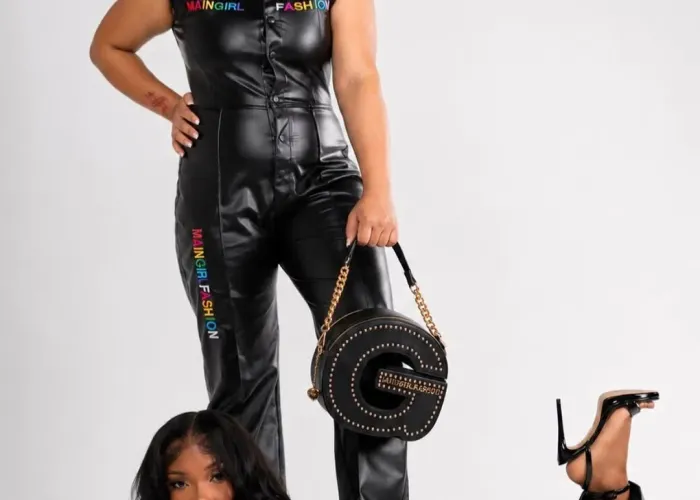 Faux leather jumpsuit embroidery detail, women's fashion brand manufacturing, Wears For You, Sialkot Pakistan