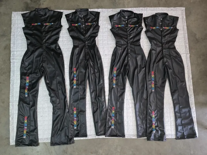 Finished private label faux leather jumpsuits with the client's own multicolour brand embroidery, private label clothing manufacturing, Wears For You, Sialkot Pakistan