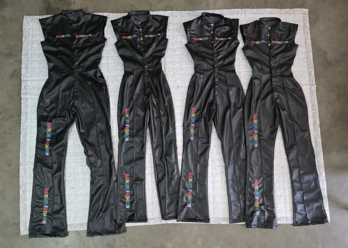 Finished faux leather jumpsuit packed for shipment, women's fashion brand manufacturing, Wears For You, Sialkot Pakistan