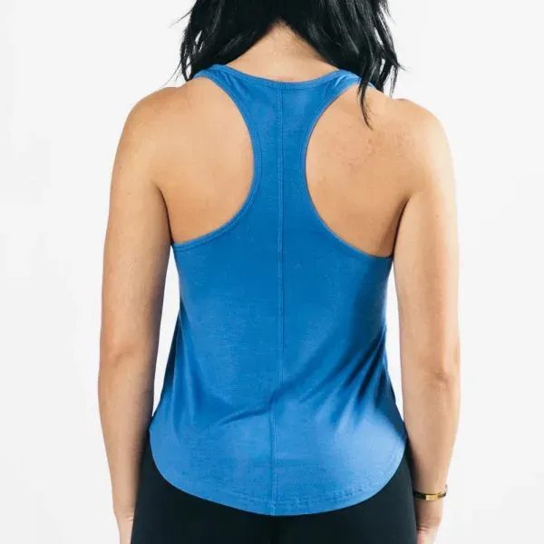 Blue women's racerback gym tank back view showing the strap placement, custom women's gym tank tops, Wears For You, Sialkot Pakistan