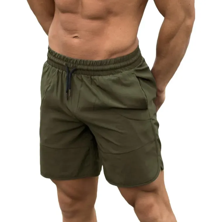 Olive green training shorts with an elasticated drawcord waist, custom gym shorts manufacturing, Wears For You, Sialkot Pakistan