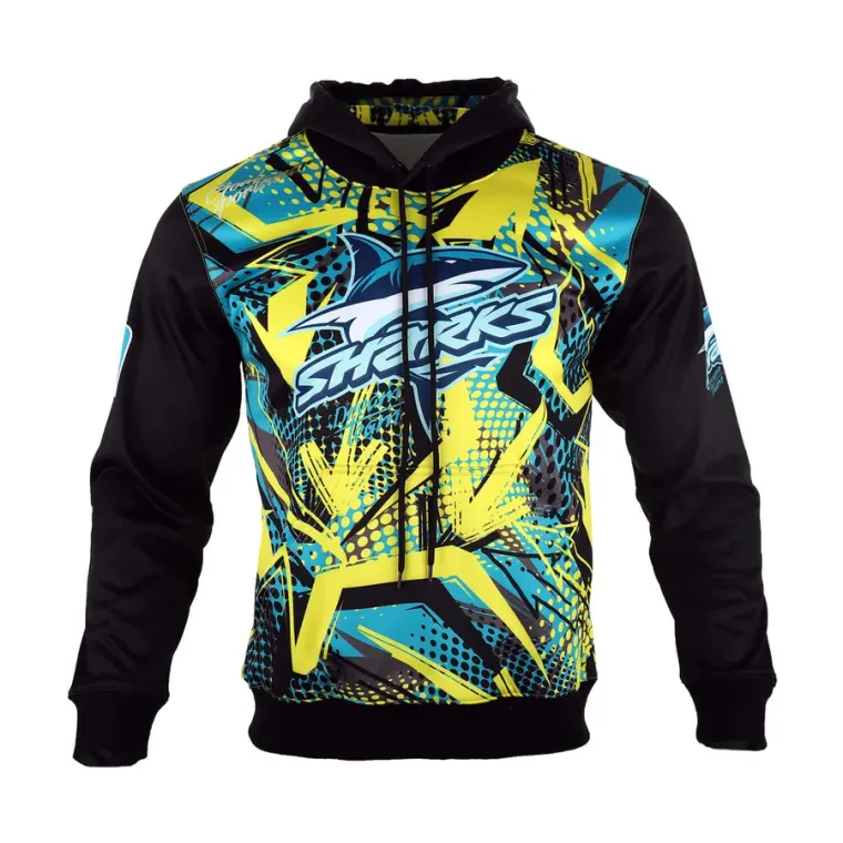 Yellow and blue all-over-print zip hoodie, sublimated custom hoodie manufacturing, Wears For You, Sialkot Pakistan