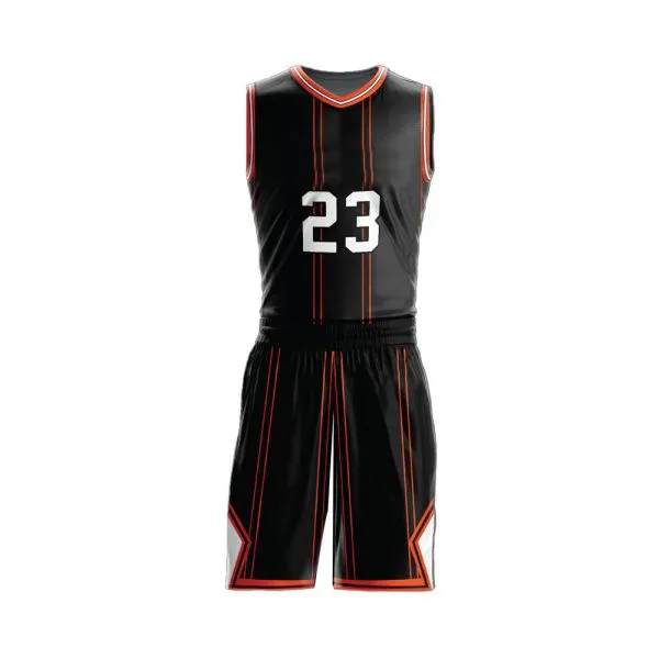 Black and orange number 23 basketball jersey with matching shorts, custom basketball uniforms, Wears For You, Sialkot Pakistan
