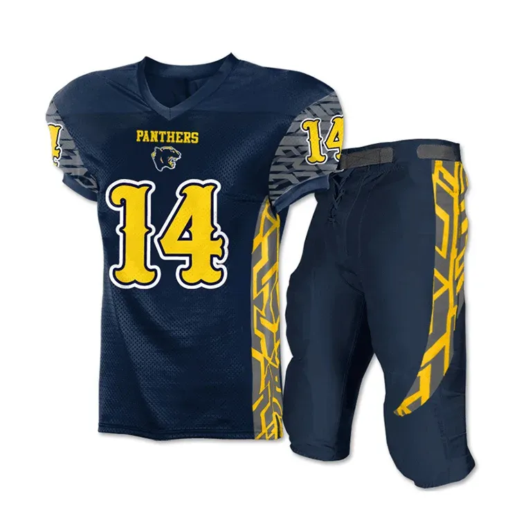 Navy and gold sublimated number 14 football jersey with matching pants, custom American football uniforms, Wears For You, Sialkot Pakistan