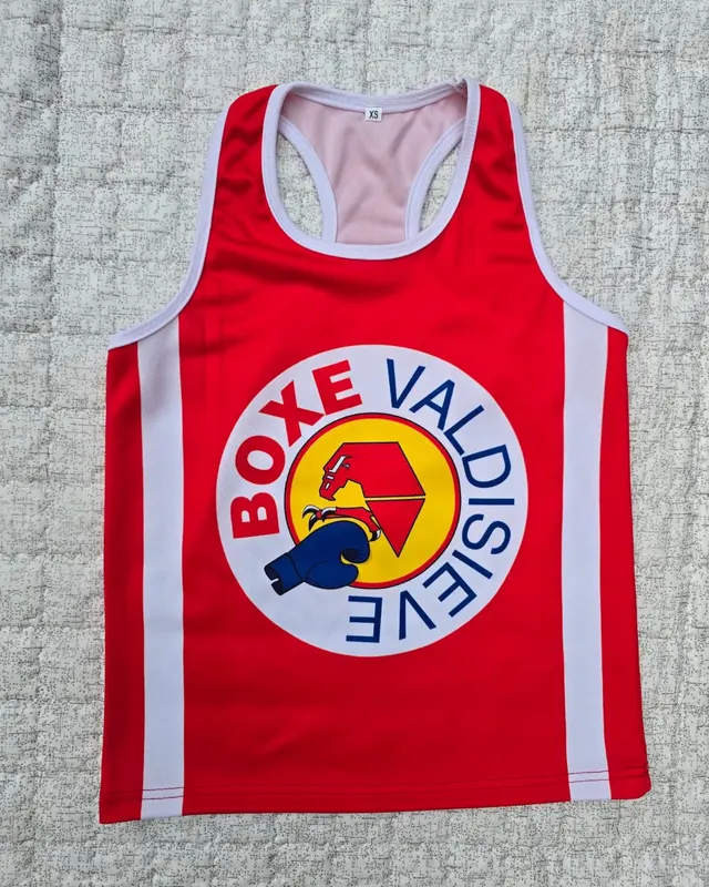 Red and white BOXE VALDISIEVE boxing vest, custom fight wear, Wears For You, Sialkot Pakistan
