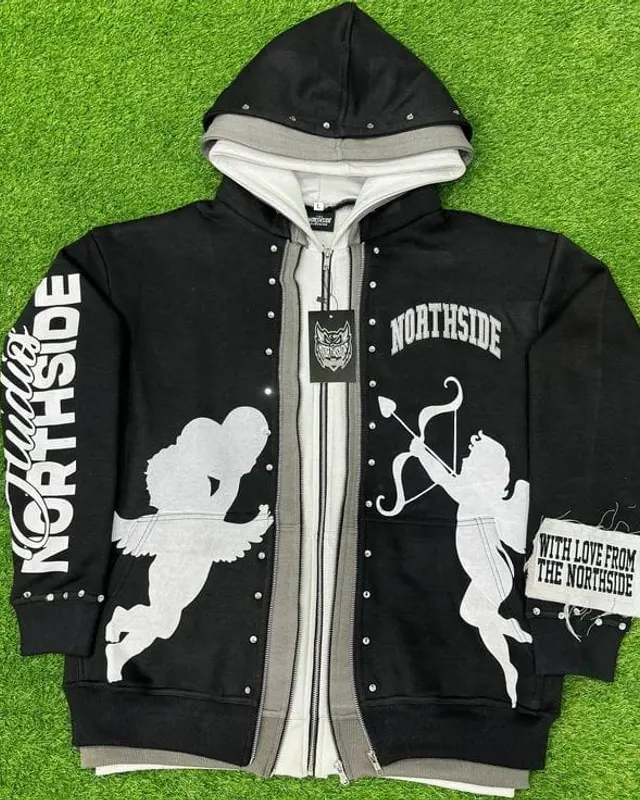 Black and cream NORTHSIDE varsity zip hoodie with angel graphics, Wears For You, Sialkot Pakistan