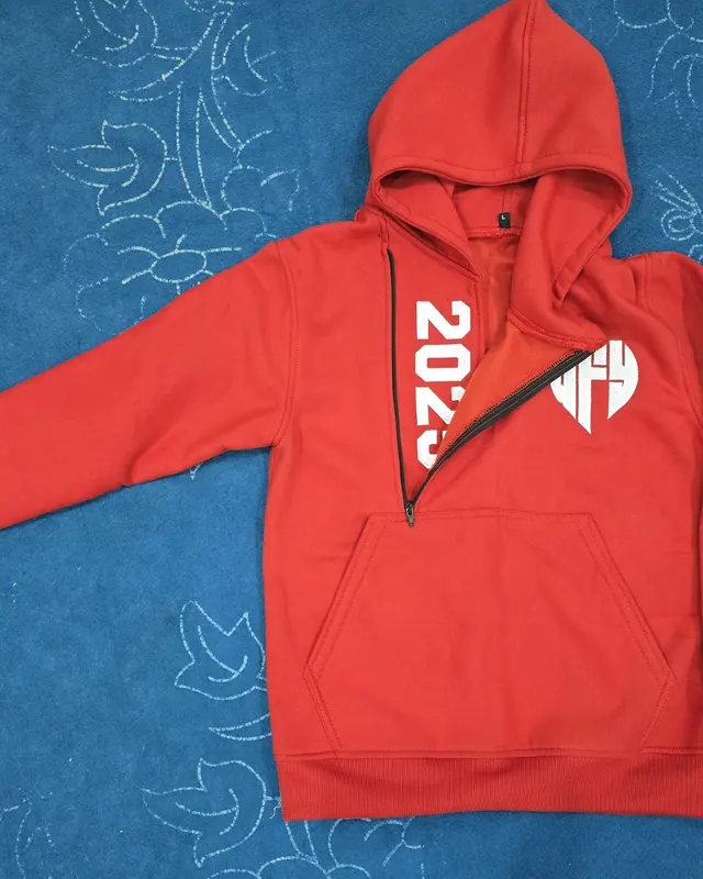 Red zip hoodie with a large chest print, custom streetwear, Wears For You, Sialkot Pakistan