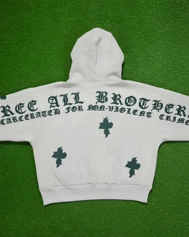 White oversized hoodie with a Free All Brothers embroidered back print, custom streetwear, Wears For You, Sialkot Pakistan