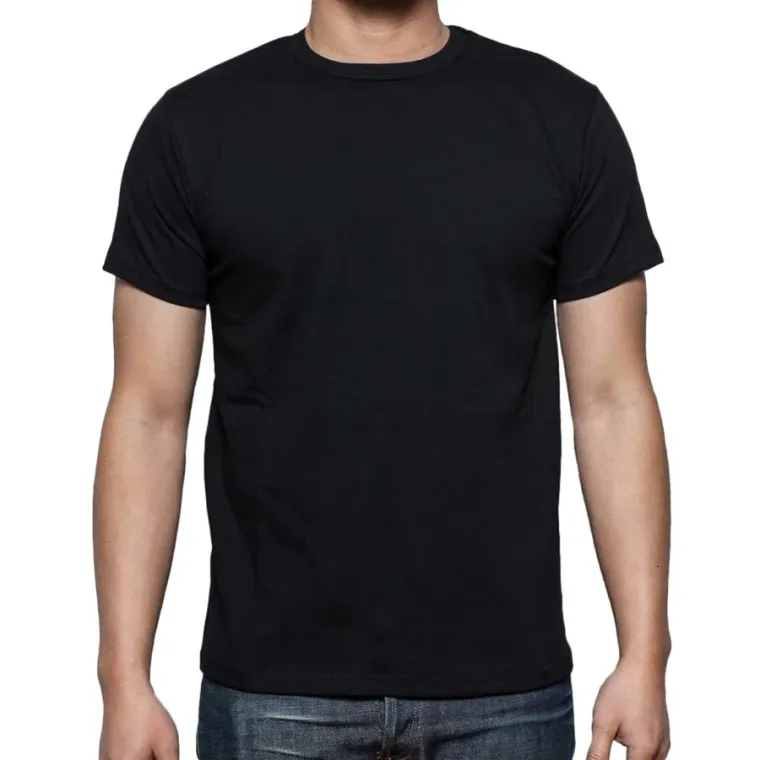 Plain black crew neck t-shirt worn by a model, custom t-shirt manufacturing, Wears For You, Sialkot Pakistan