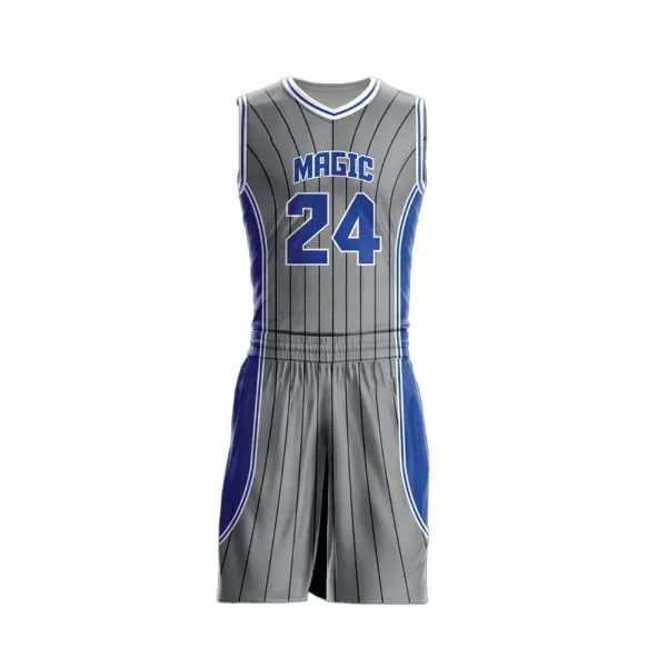 Grey and blue pinstripe number 24 basketball uniform set, custom basketball uniforms, Wears For You, Sialkot Pakistan