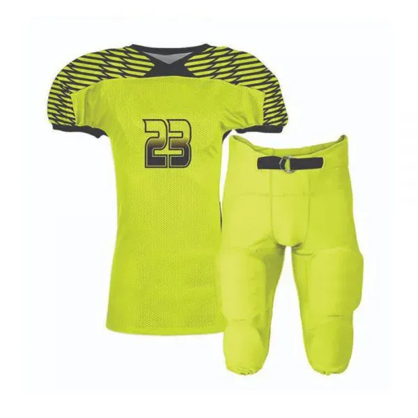 Neon yellow sublimated football jersey with matching pants, custom American football uniforms, Wears For You, Sialkot Pakistan