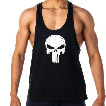 Black gym stringer vest with a white skull print worn by a model, custom gym stringer vests, Wears For You, Sialkot Pakistan