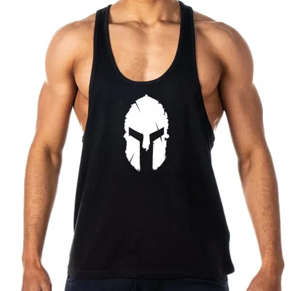 Black gym stringer vest with a printed helmet graphic, custom gym stringer vests, Wears For You, Sialkot Pakistan
