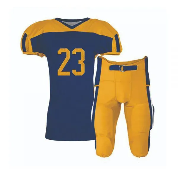 Navy and gold football jersey with gold integrated pants, custom American football uniforms, Wears For You, Sialkot Pakistan