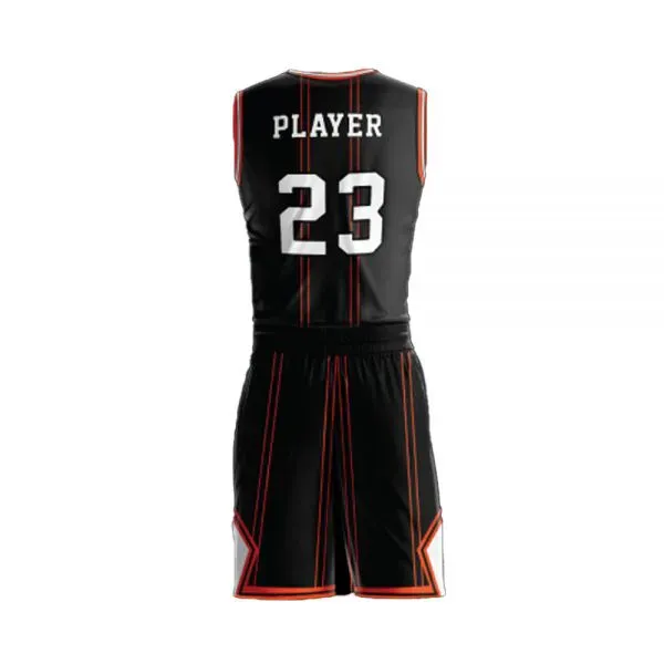 Black number 23 basketball jersey with orange trim and matching shorts, custom basketball uniforms, Wears For You, Sialkot Pakistan