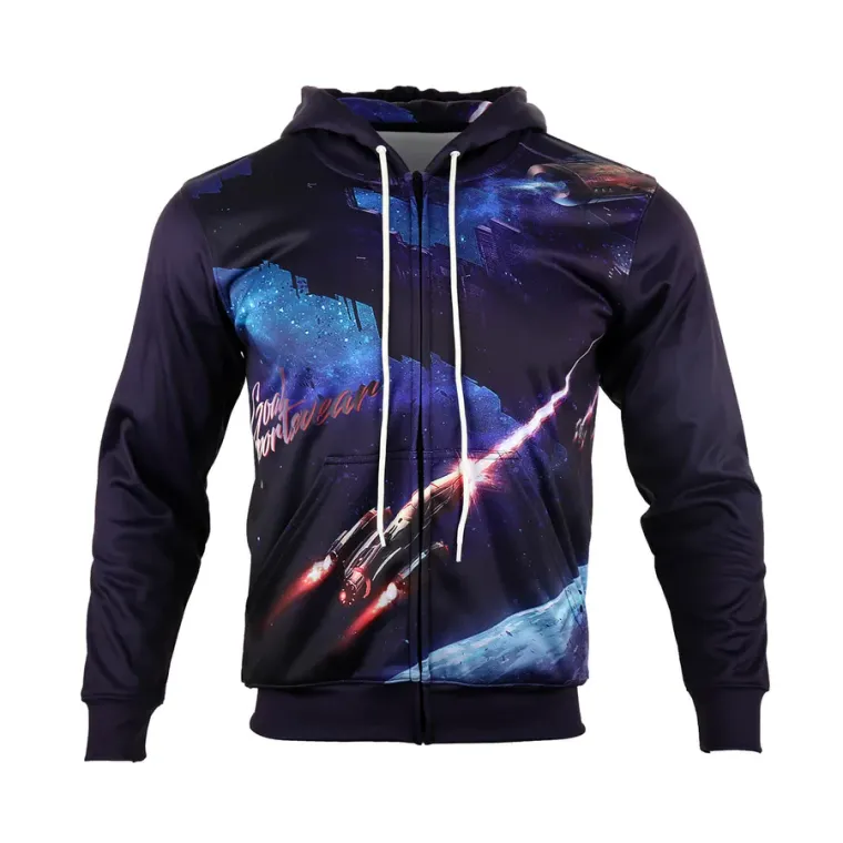 Galaxy print sublimated zip hoodie, all-over-print hoodie manufacturing, Wears For You, Sialkot Pakistan