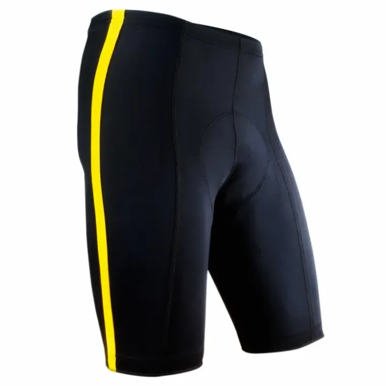 Black cycling shorts with a yellow side stripe, custom cycling shorts and tights, Wears For You, Sialkot Pakistan