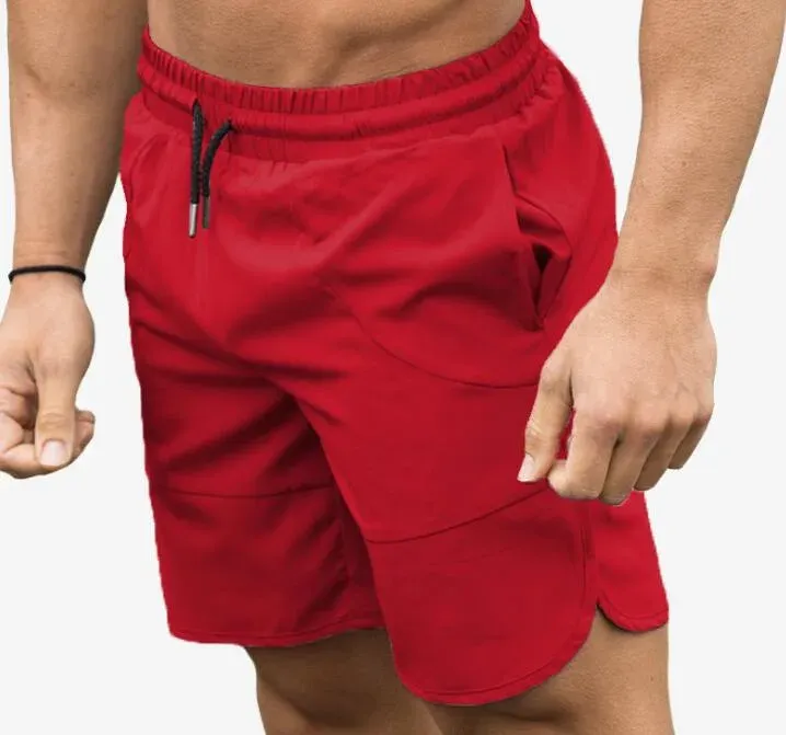 Red gym shorts with a contrast drawcord shown on a model, custom gym shorts manufacturing, Wears For You, Sialkot Pakistan